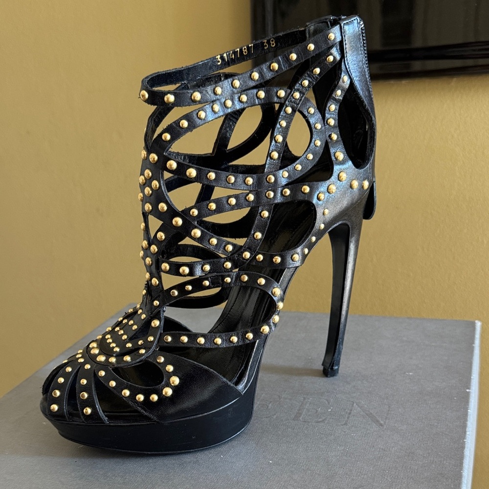 Alexander McQueen Black and Gold Studded Heels